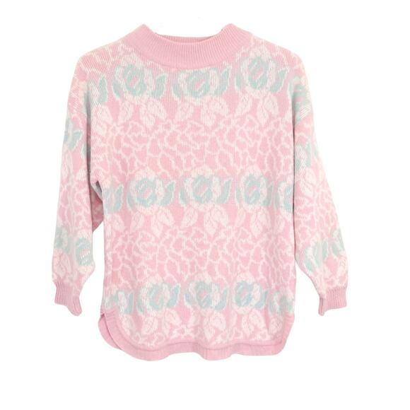 VTG Pink Blue Pastel Floral High Mock Neck  Sweater Sz Large Soft Ramie Blend - Picture 1 of 9